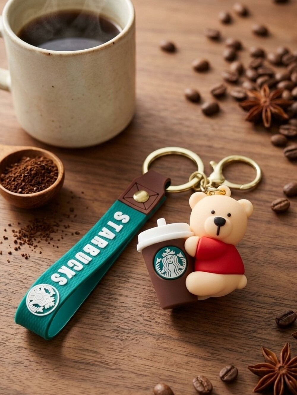 Starbucks Green Strap Keychain with Brown Bear and Red Shirt